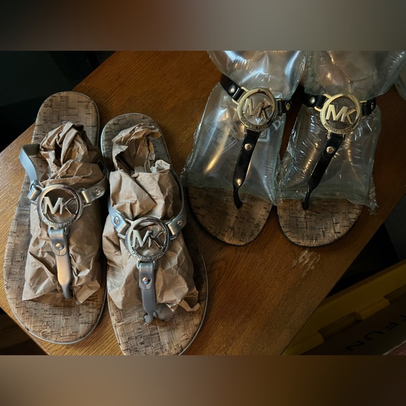 Michael Kors Shoes - 2 Pairs! Michael Kors Cork Footbed Sandals, Logo, black and silver, size 9